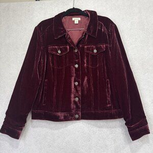 Sundance Jacket Womens Medium Burgundy Velvet Trucker Silk Blend Button Front